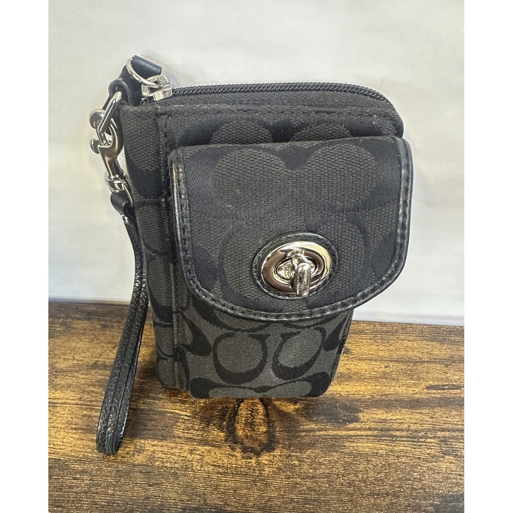 Coach Signature Logo Canvas Jacquard Wristlet Phone Wallet Turnlock Black Y2K - Picture 3 of 12